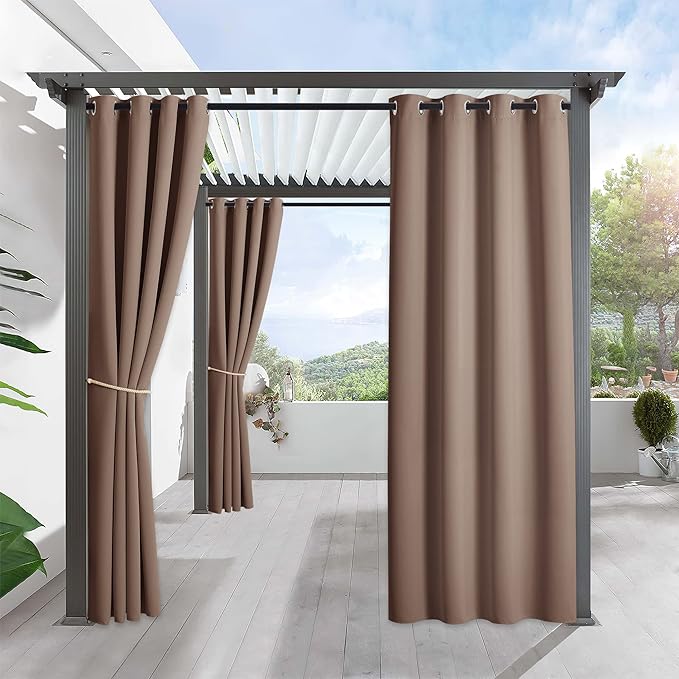 RYB HOME Outdoor Curtains for Patio Waterproof Block Sunlight Thermal Insulated Privacy Assured Thick Outside Curtains for Porch, Gazebo, Pergola, W52 x L84, Mocha, 1 Panel RYBHOME