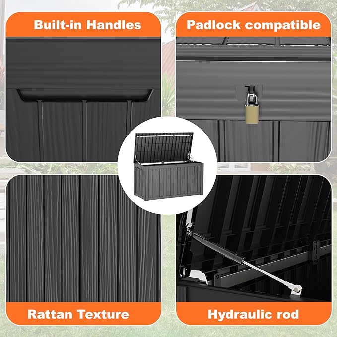 150 Gallon Resin Deck Box, Lockable Patio Outdoor Storage Box for Furniture, Garden Tools and Tools Storage, Waterproof Outside Storage Boxes - Black OutdoorLivingPerfected