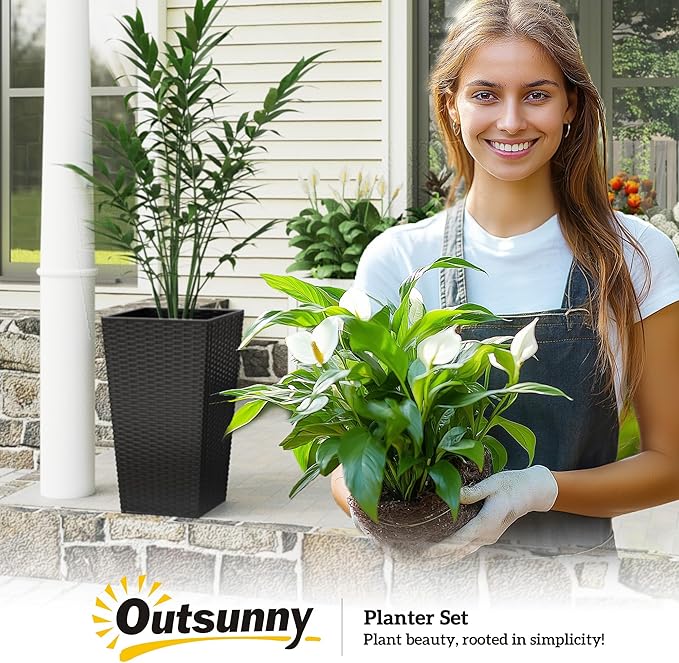 Outsunny Tall Planters for Outdoor Plants Set of 3, 24 in Taper Planters with Drainage Holes, Rattan Decor Plant Pots for Indoor Outdoor Front Porch Patio Backyard, Black Outsunny
