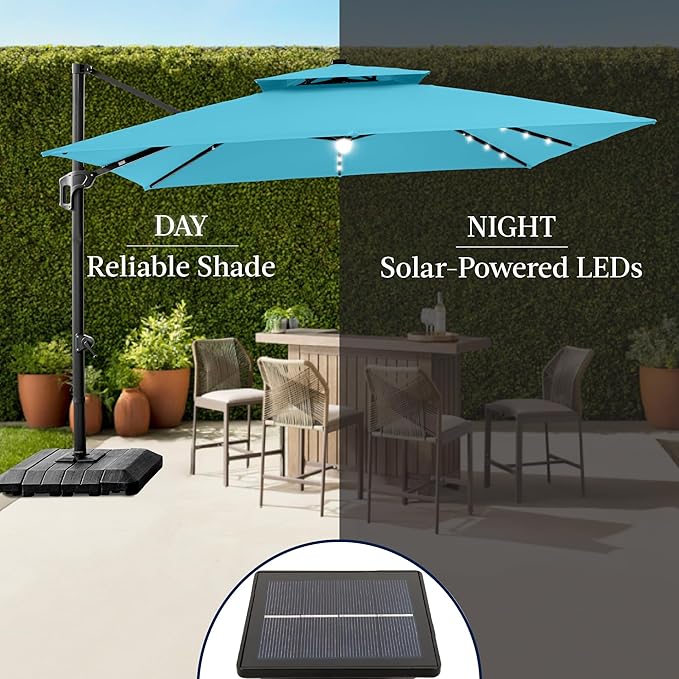 Best Choice Products 12x12ft LED Cantilever Patio Umbrella w/Base Included & 360° Rotation, Large Solar Offset Hanging Outdoor Sun Shade for Deck, Backyard Table w/Stand & Lights – Sky Blue BestChoiceProducts