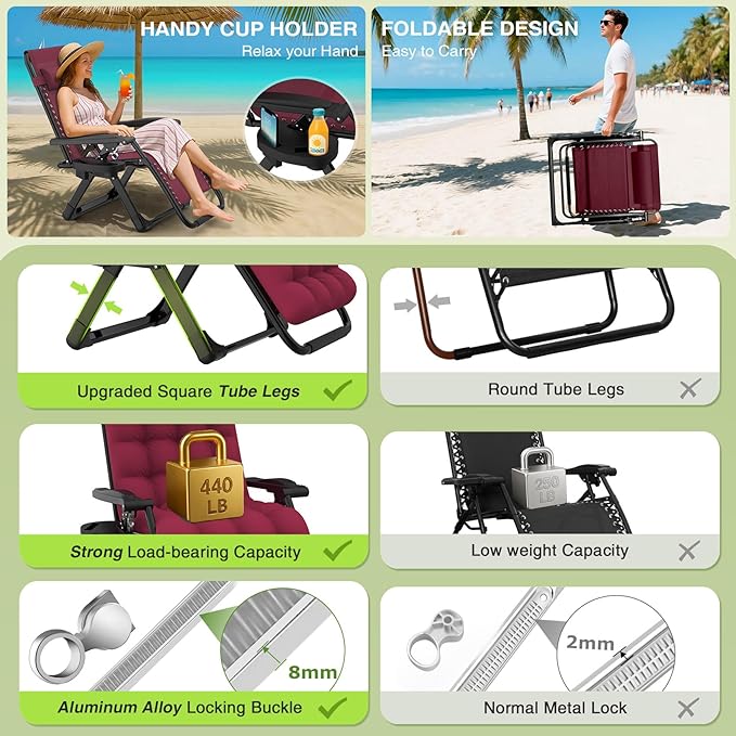 Suteck Zero Gravity Chair, Reclining Camping Lounge Chair w/Removable Cushion, Upgraded Lock and Cup Holder, Reclining Patio Chairs Folding Recliner for Indoor and Outdoor, Claret Suteck