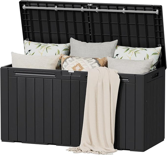 Flamaker Resin Deck Box 100 Gallon Large Lockable Outdoor Storage Box Waterproof for Patio Cushions, Tools, Pool Accessories (Black) Flamaker