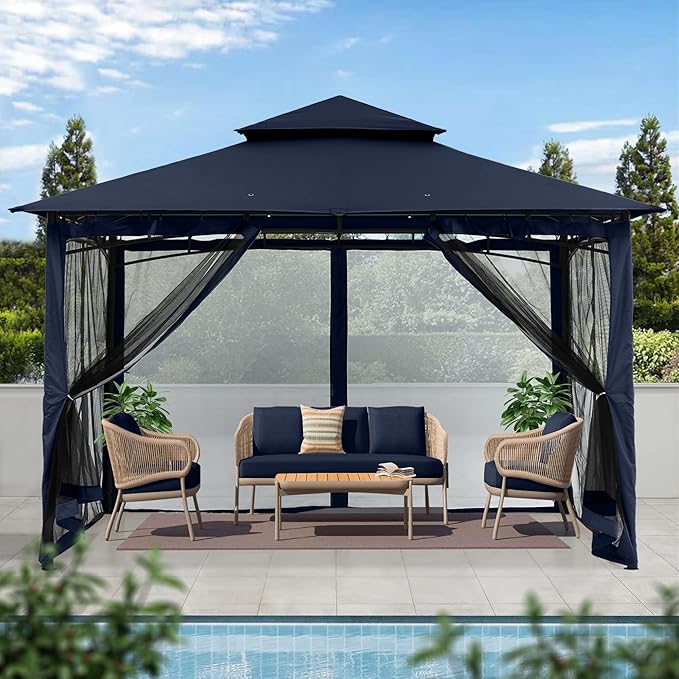 MASTERCANOPY Outdoor Garden Gazebo for Patios with Stable Steel Frame and Netting Walls (11x11,Navy Blue) MASTERCANOPY