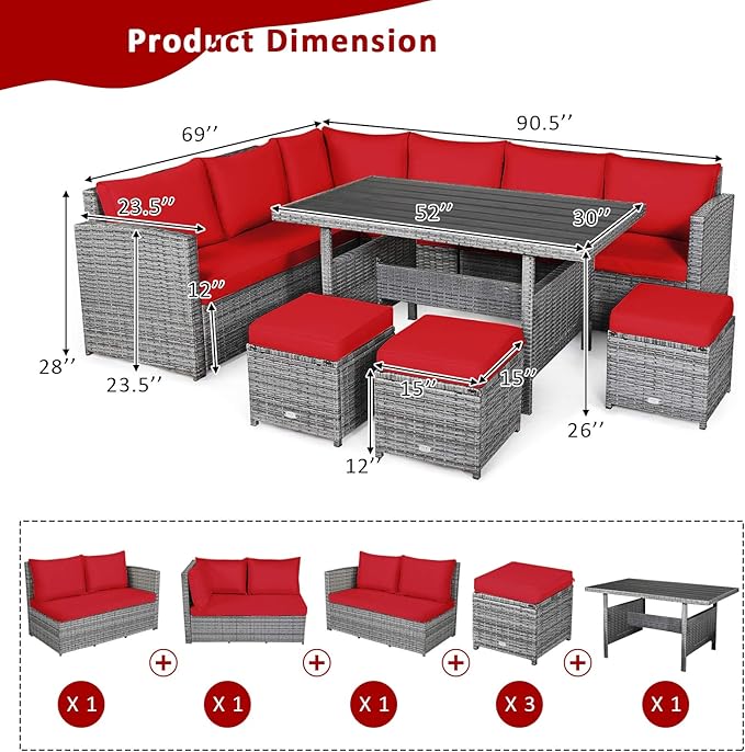Tangkula 7 Pieces Patio Furniture Set, Outdoor Sectional Rattan Sofa Set with Cushions, All Weather Wicker Conversation Couch Set w/Dining Table & Ottomans for Backyard Garden Poolside TANGKULA