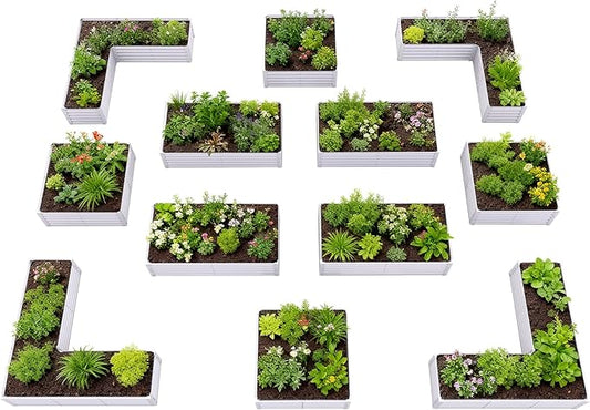 A ANLEOLIFE Set of 12 18 Inch Tall Raised Garden Beds Kit, L-Shaped, Square & Rectangular Metal Planters for Flexible Backyard Layouts, Antique White AAnleolife