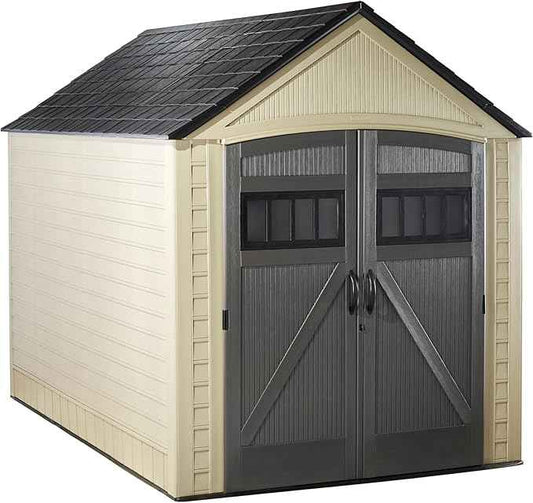 Rubbermaid Resin Outdoor Storage Shed With Floor (7 x 10.5 Ft) Weather Resistant, Brown Gable, Organization for Home/Backyard/Garden Tools/Lawn Mower/Bike Storage/Pool Supplies