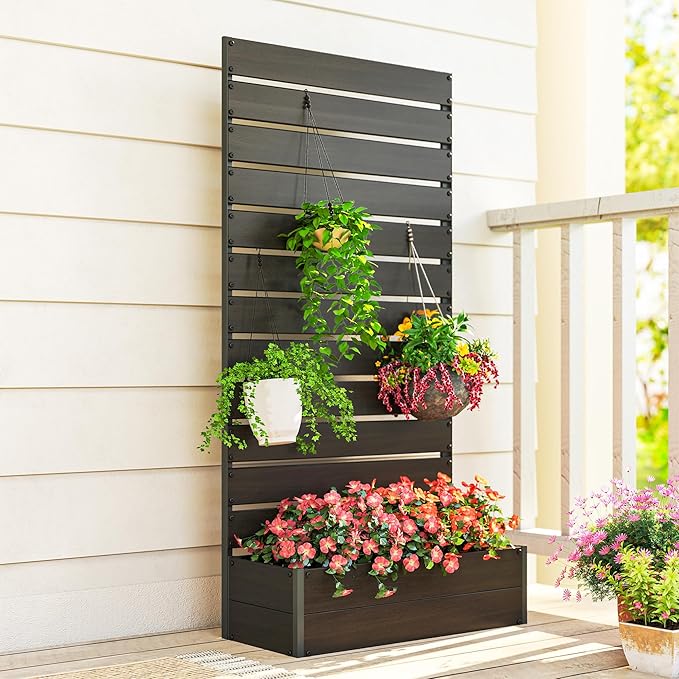 Outsunny Raised Garden Bed with Trellis for Climbing Plants, Planter Box with Self Draining Gap, Freestanding Trellis Planter for Outdoor, Patio, Deck, 35.75" x 15" x 70.75", Black Outsunny