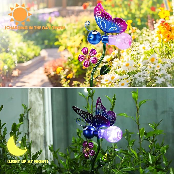 VCUTEKA Solar Garden Lights Metal Flower Decor Colorful Solar Pathway Light with LED Cracked Crystal Ball Outdoor Decorative Stake for Patio Yard Lawn Garden Decor (Purple) VCUTEKA