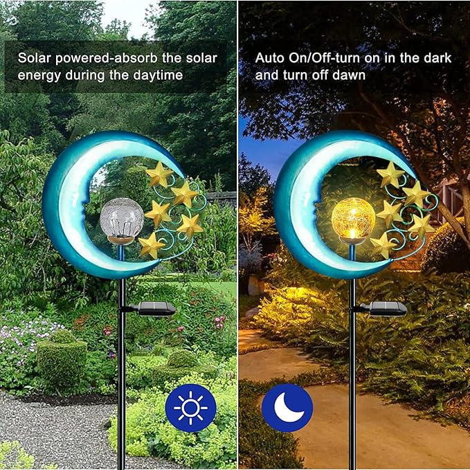 Stars Moon Solar Lights Outdoor - Solar Powered Garden Lights Decorative Crackle Glass Globe Led Waterproof Landscape Lighting for Pathway,Yard,Lawn,Patio SunsGiftNighttimeBliss