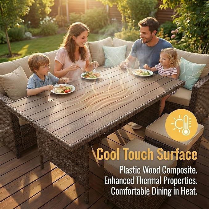 Wisteria Lane Patio Furniture Set, 7 Piece Outdoor Dining Sectional Sofa with Dining Table and Chair, All Weather Wicker Conversation Set with Ottoman, Ivory WisteriaLane