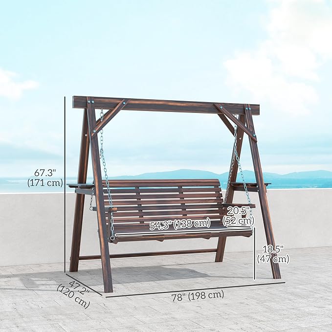 Outsunny 3 Seat Porch Swing with Stand, Wooden Patio Swing Chair with Side Tables and Metal Chains, Outdoor Swing Bench for Garden, Poolside, Backyard, Carbonized Brown Outsunny