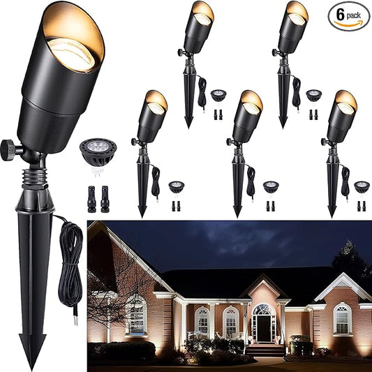 Gardenreet Solid Brass Spot Lights - Black Low Voltage Landscape Spotlight Outdoor, 12V LED Uplights Wired, Waterproof Electric for Patio Wall with 4000K Bright White MR16 Bulb (6 Pack) Gardenreet