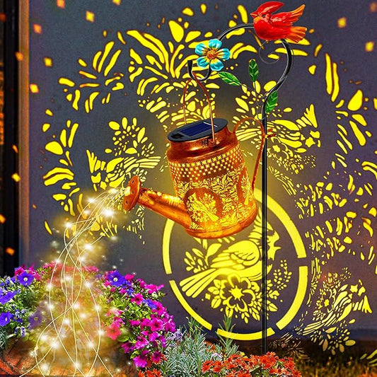 Solar Lights Outdoor Garden Decor, Cardinals Hanging Waterproof Watering Can Lights Outside Decorations for Yard Front Porch Patio Christmas Gift for Mom Grandma Women Birthday （with Shepherd Hook） YJFWAL