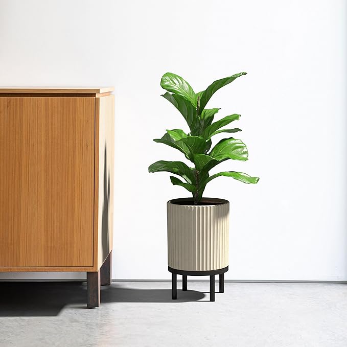 Veradek Demi Series Round Planter w/Stand for Porch/Patio | Durable Plastic-Stone Composite & Wooden Stand | Modern Décor for Tall Plants, Flowers VeradekOutdoor