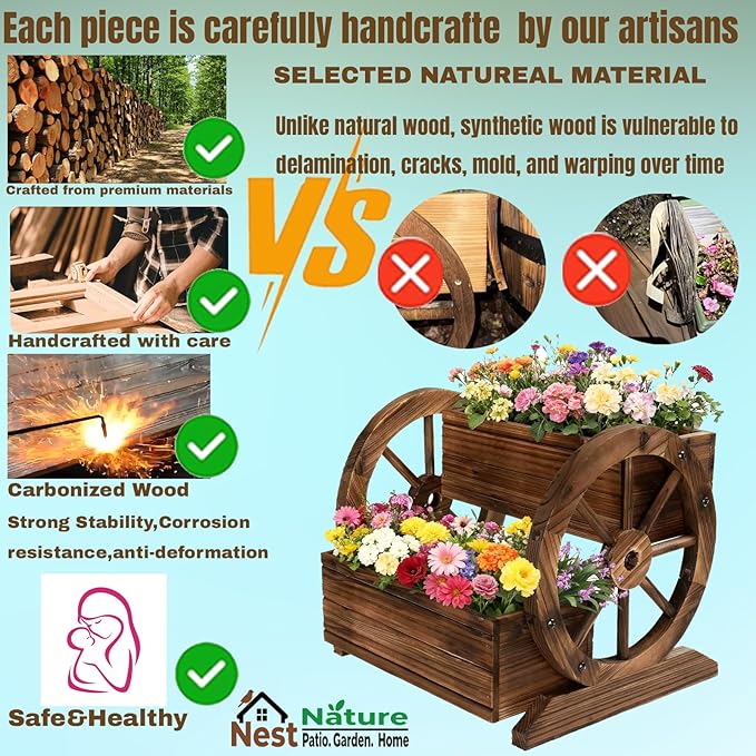 NestNature Wooden Wagon Planter Box,Raised Garden Bed,Decorative Garden Planters with Wheels-Outside Flower Pots for Indoor/Outdoor Décor Plants NestNature