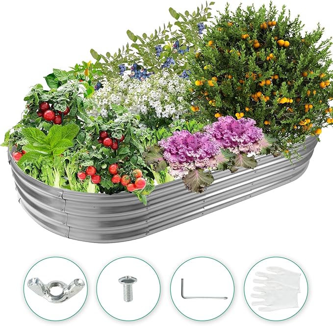 6X3X1 FT Oval Galvanized Metal Garden Raised Bed/Plant Box for Planting,36 Inches Diameter Iron Fire Pit Ring,Small Animal Fence-3 in 1 Modular Design in Black (Silver, 72X36X11.5 Inches) YSEJOMP