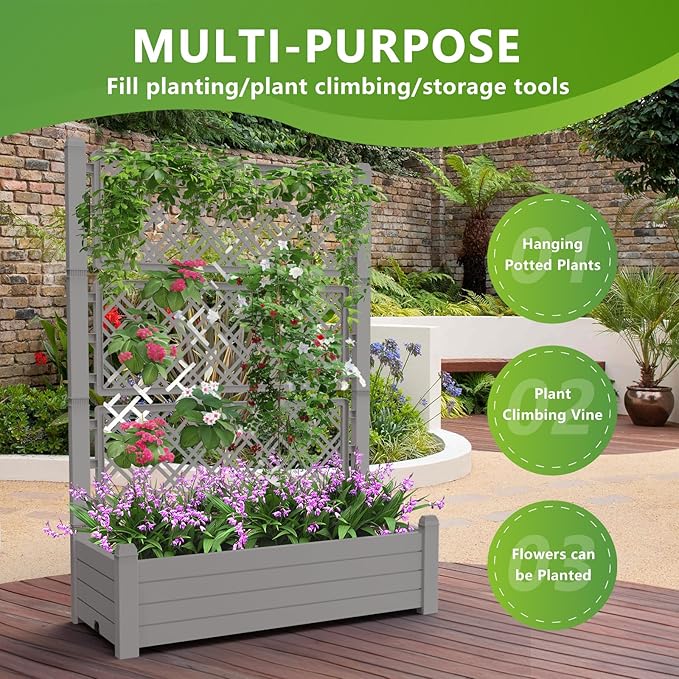 EasyUp Raised Garden Bed with Trellis for Climbing Plants, Raised Herb Garden Bed with Drainage Plug & Water Level Gauge, Durable Dust-Proof Resin Planter for Patio, Balcony, Backyard EASYUP