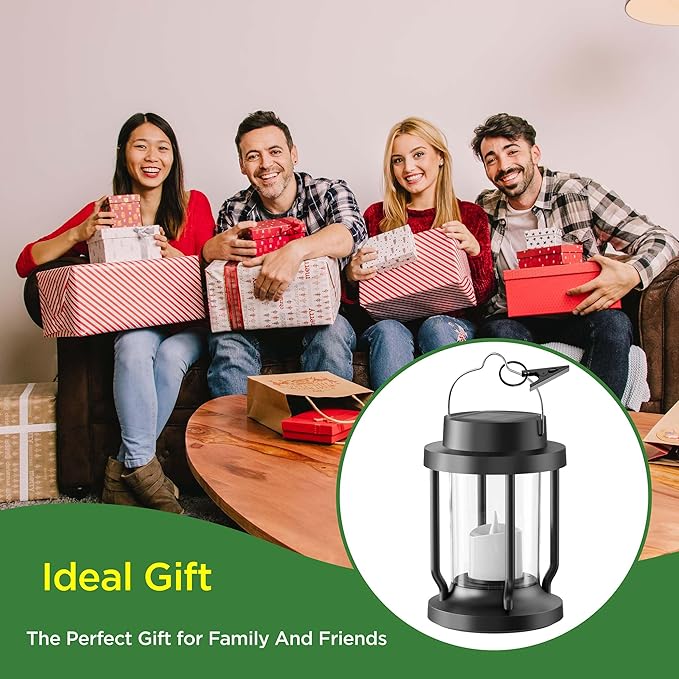 Solar Lantern Outdoor & Indoor Use – Hanging Solar Lights with Realistic Flickering Flameless Candle, Weatherproof for Gardens, Patios, Trees, and Lawns (Black, 4 Pack) Rootora