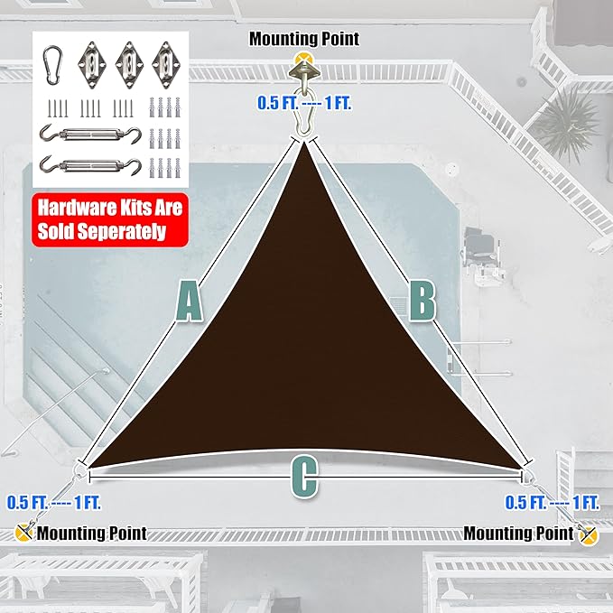 Amgo Custom Size 4' x 4' x 4' Brown Triangle Sun Shade Sail UPF50+ AGTAPRT12, Order to Make Canopy Awning, 95% UV Blockage, Water & Air Permeable, Commercial Standard (We Customize) Amgo