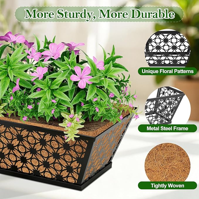 SPECILITE 24" Window Boxes Planters, Heavy Duty Metal Railing Planter Boxes, Adjustable Balcony Planters for Railing Hanging, with Coco Liner & Tool Set for Deck, Porch, and Patio Gardening (4 Pack) SPECILITE