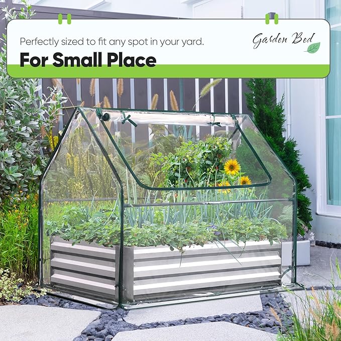 Quictent Raised Garden Bed with Cover Outdoor Galvanized Steel Planter Box Kit with Greenhouse Large Zipper Window Dual Use, 20pcs T-Type Tags & 1 Pair of Gloves Included 4x2.4x1 FT, Clear QUICTENT