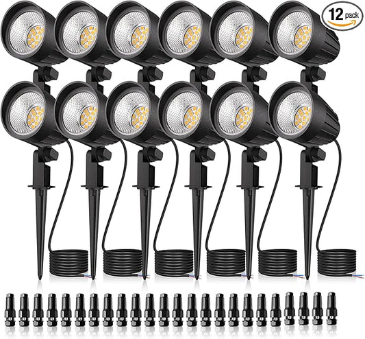 MEIKEE 7W LED Landscape Lights, 12V/24V Low Voltage Landscape Lighting IP66 Outdoor Spotlights Warm White Garden Lights with Connectors for Pathway Yard Patio 12 Pack MEIKEE