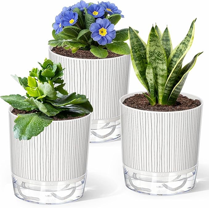 3 Pack Self Watering Pots Set, 5.5 Inch Self Watering Pots for Indoor Plants, Planter Pot with Wick Rope and Reservoir for African Violet, Spider Plant, Orchid Rootora