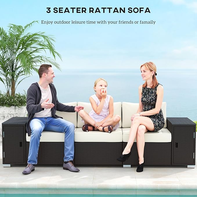 Outsunny 3 Seater Wicker Sofa with 2 Storage Side Tables and Thickened Cushions, Rattan Outdoor Patio Sofa with Wide Armrests, Wicker Outdoor Couch for Porch, Garden, Backyard, Cream White/Brown Outsunny