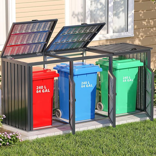 AECOJOY Outdoor Trash Can Storage Shed for 3 Garbage Cans, 73 Cu.Ft Outside Garbage Can Storage Sheds & Outdoor Storage Clearance, Dark Grey Outdoor Horizontal Storage Cabinet Waterproof AECOJOY