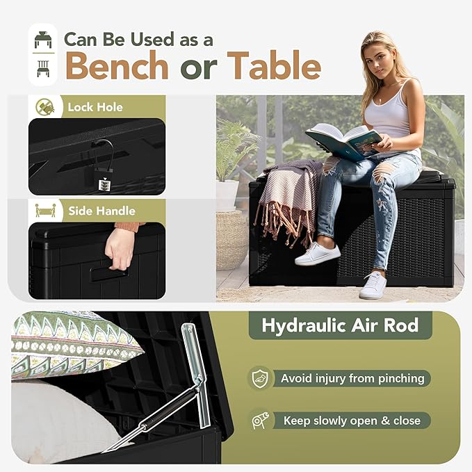 Flamaker Deck Box with Cushion 100 Gallon Waterproof Resin Storage Box with Air Rod Indoor Outdoor Lockable Storage Bench for Patio Furniture, Tools, Pool Accessories (Black) Flamaker