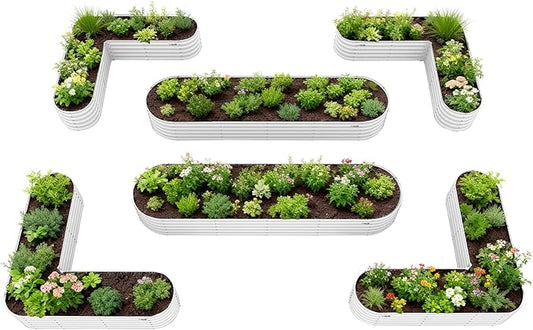 A ANLEOLIFE Set of 6, 18 Inch Tall Antique White Raised Garden Beds Kit, Heart-Shaped & Long Oval Planters for Custom Decorative Gardens. AAnleolife
