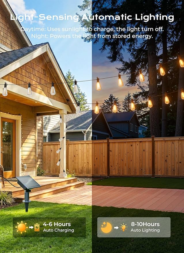 Brightown 58FT Solar String Lights Outdoor Waterproof, Patio Lights with Remote and 25+1 LED Shatterproof Bulbs, Dimmable & Timable, 3 Light Modes, Solar Lights Outdoor for Yard Camping Party Outside Brightown