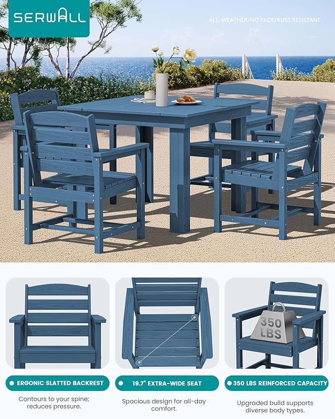SERWALL Outdoor Dining Set for 4, HDPE Square Table and Chairs Set All Weather Patio Dining Set, 5-Piece Patio Dining Furniture for Deck, Blue SERWALL