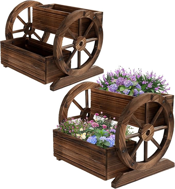 2PCS Wooden Wagon Planter Box, Garden Planter with Wheels,Decorative for Flowers Herbs Vegetables for Indoor & Outdoor Decor,Wooden Flower Cart for Patio Garden Balcony OIPRTGFJ