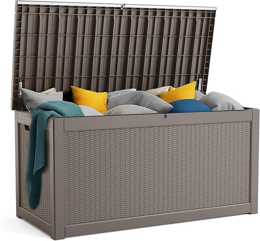 320 Gallon Resin Deck Box, Lockable Patio Outdoor Storage Box for Furniture, Garden Tools and Tools Storage, Waterproof Outside Storage Boxes - Grey OutdoorLivingPerfected