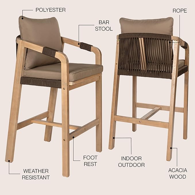 JONATHAN Y BSL1200C-SET2 Porto Modern Coastal Tub Roped Acacia Wood Outdoor Bar Stool with Cushions and Armrests, for Patio, Lawn, Backyard, Deck, Brown/Light Teak (Set of 2) JONATHANY