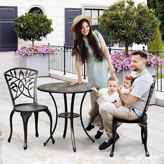 DWVO 25 Inches Round Patio Dining Table with Umbrella Hole, Antique Cast Aluminum Outdoor Bistro Table Outdoor Side Table for Backyard, Garden, Patio, Porch, Hammered Bronze DWVO