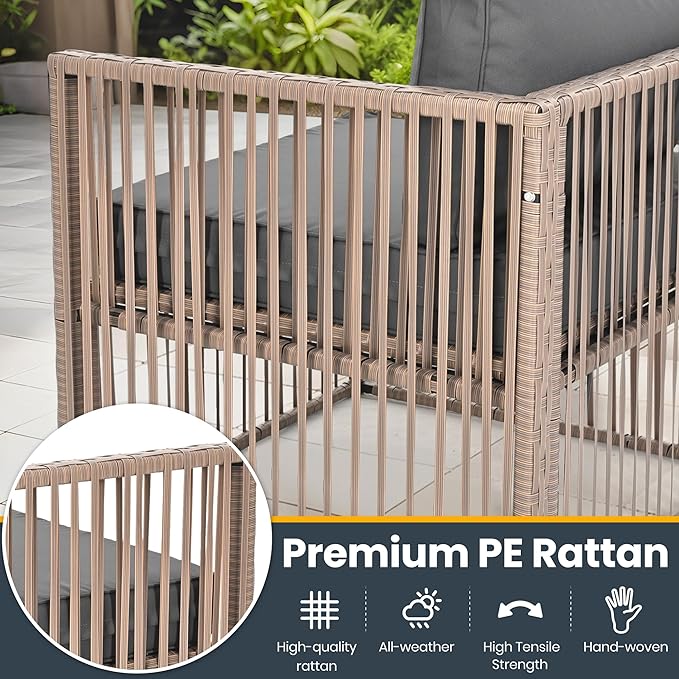 Pamapic 7 Piece Outdoor Sectional Sofa Set, All-Weather Patio Furniture with Washable Cushions, Waterproof Brown Rattan Wicker Conversation Set for Backyard, Poolside, Gray Cushion Pamapic
