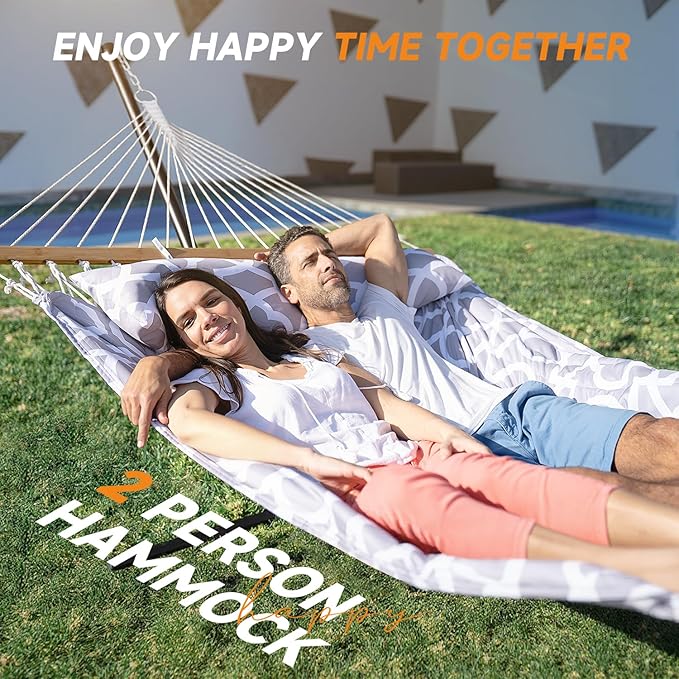 2 Person Outdoor Hammock with Stand, Cotton Rope Hammock with Polyester Pad, Adjustable Steel Frame, Portable with Carrying Bag – for Patio, Backyard, Garden, Beach, Cloud-Gray Rootora