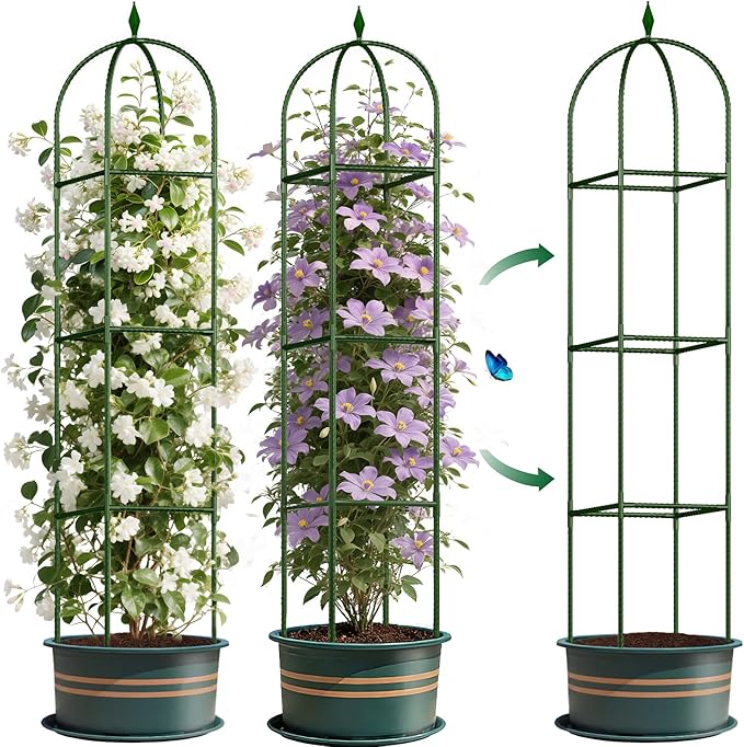 Garden Trellis for Climbing Plants, Tomato Cage, Rose, Flowers, Grape, Pea, Cucumber Trellis, Rustproof Plastic Coated Metal Plant Support for Potted Plants Indoor Outdoor - 2PC Plant Trellis CLFUN
