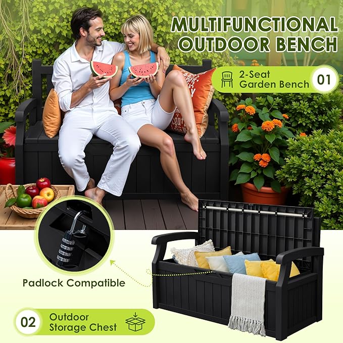 Greesum 80 Gallon Outdoor Storage Bench, Weather-Resistant Deck Box, Patio Furniture Bench for Backyard, Garden, Porch, Large Capacity Seat for Pillows Cushions Patio Accessories, Dark Black BuynowfromGreesum