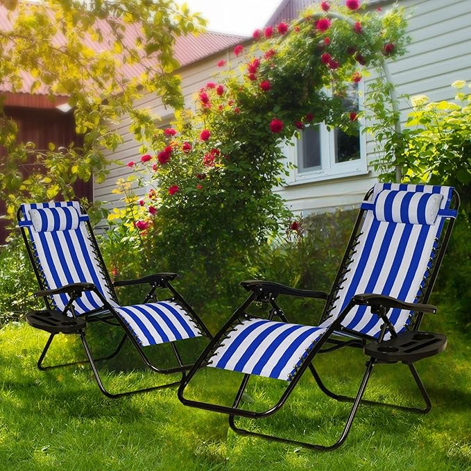 Nazhura Set of 2 Relaxing Recliners Patio Chairs Adjustable Steel Mesh Zero Gravity Lounge Chair Beach Chairs with Pillow and Cup Holder (Navy Blue Stripe) NazhuraGoodCompanionAtHome