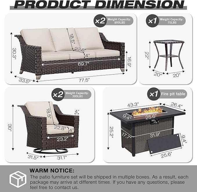 Joyside Wicker Patio Furniture Sets, 6 Pieces Upgraded Large Size Outdoor Furniture with Swivel Rocking Patio Chairs, Two 3-Seat Sofa, Fire Table, Coffee Table, Thick Cushions, Wide Armrest, Beige Joyside