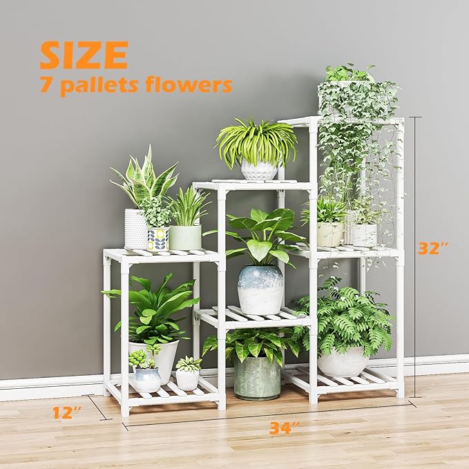 Bamworld Indoor Plant Stand Outdoor White Shelf Bamboo Plant Table for Multiple Plants 3 Tiers 7 Pots Ladder Holder Pot Window Garden Balcony Living Room Bamworld