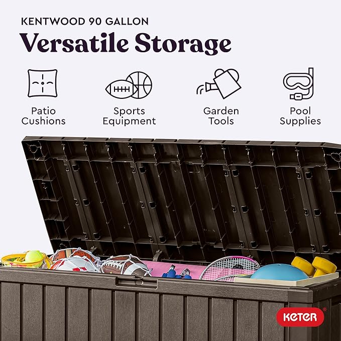 Keter Kentwood 92 Gallon Resin Deck Box-Organization and Storage for Patio Furniture Outdoor Cushions, Throw Pillows, Garden Tools and Pool Floats, Brown Keter