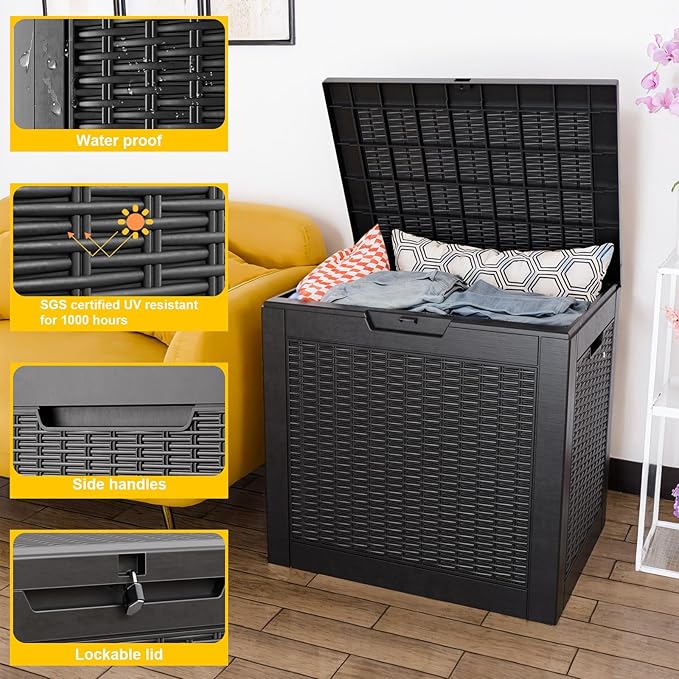 DRATO 31 Gallon Deck Box, Outdoor Storage Box for Patio Cushion, Garden Tools, Waterproof Resin Storage Box (Black，31 Gallon) DRATOprovidesawarmandcozy