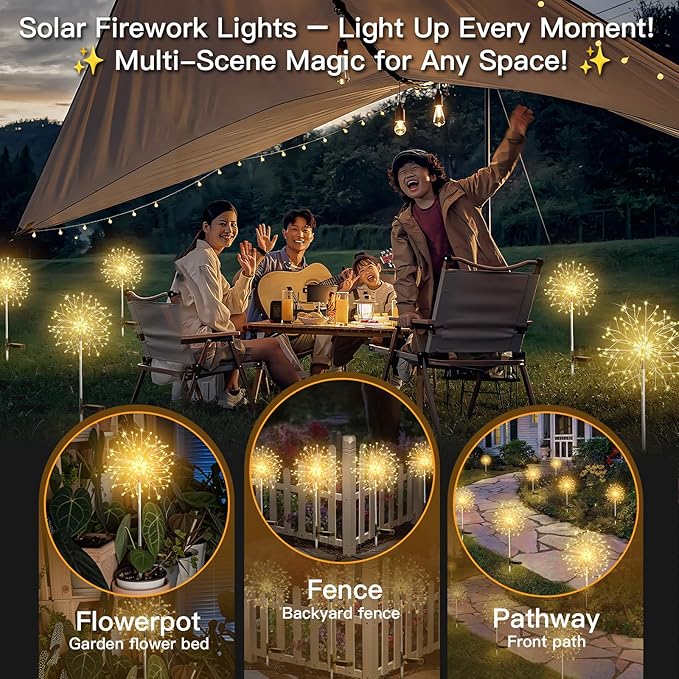 suddus Solar Garden Lights Outdoor Waterproof Decorative, 2Pack 150LED Firework Lights, Solar Fairy Lights for Yard, Garden, Party, Patio, Pathway, Flowerbed - Warm White SUDDUS