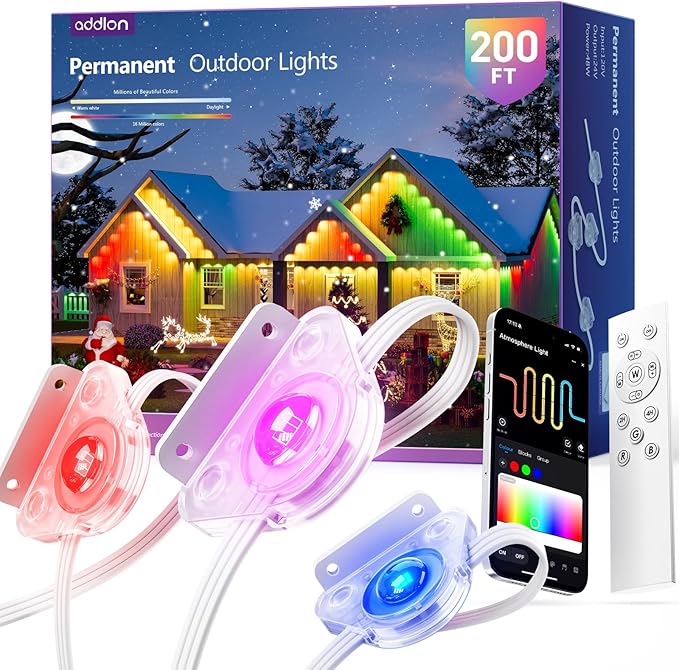 addlon Permanent Outdoor Lights, Smart RGB+IC LED Lights for House & Outdoor Decor, App & Remote Control, Scene Modes, IP67 Waterproof for Christmas, Holiday, Valentine's Day Decorations, 200FT addlon