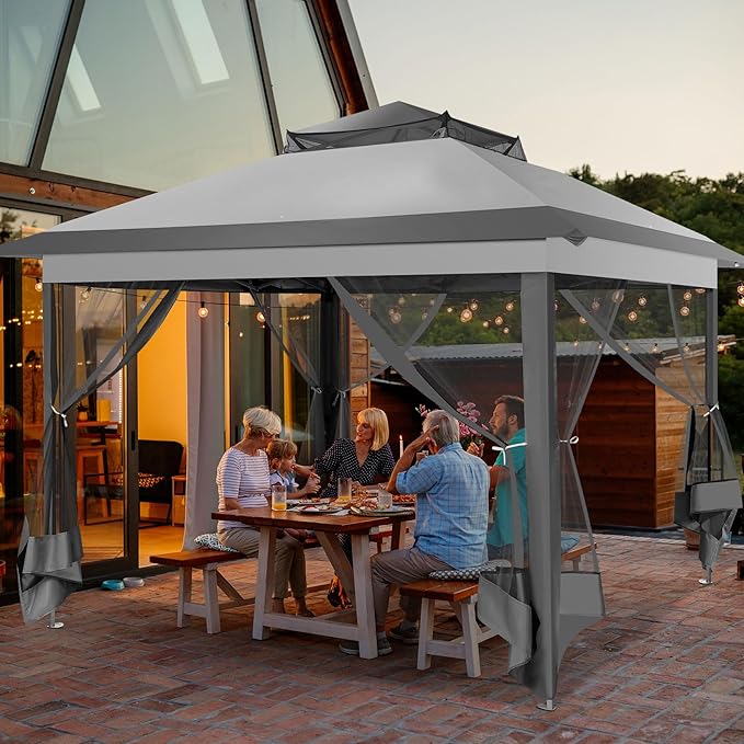 COBIZI 11x11 Pop Up Gazebo One-Push Canopy Tent, Carpas Para Patio, Outdoor Canopy Shelter with Double Roof Ventiation 121 Square Feet of Shade for Lawn, Garden, Backyard and Deck, Gray (Upgraded 2.0) COBIZI