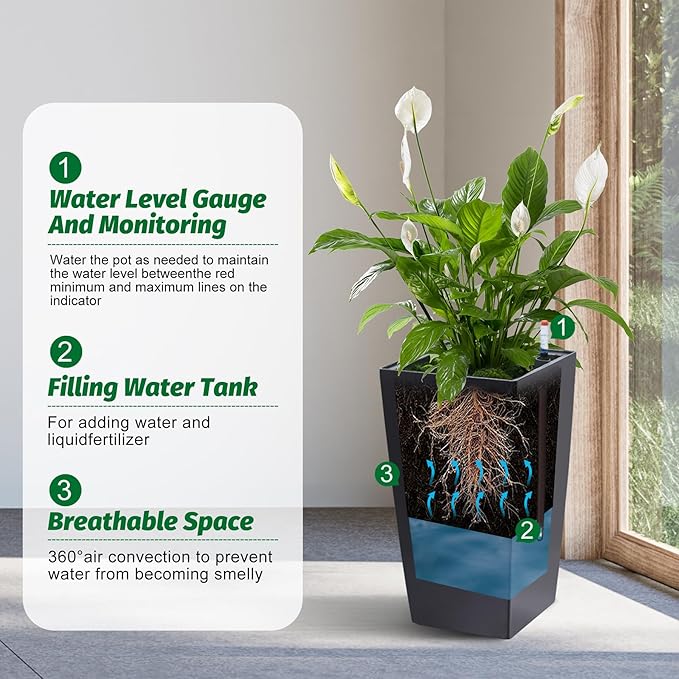 GarveeLife 22.5" Tall Planters Set of 2, Outdoor&Indoor Black Planter Pots, High Front Porch Planter Pots With Drainage Holes&Water Level Monitor&Inner Bucket, Automatic Watering, Black and White Dots GarveeLife